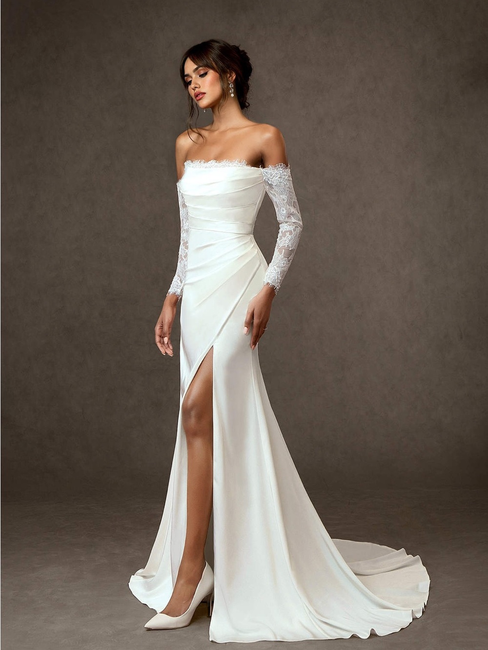 Azazie White Off-Shoulder Satin Gown with Lace Sleeves